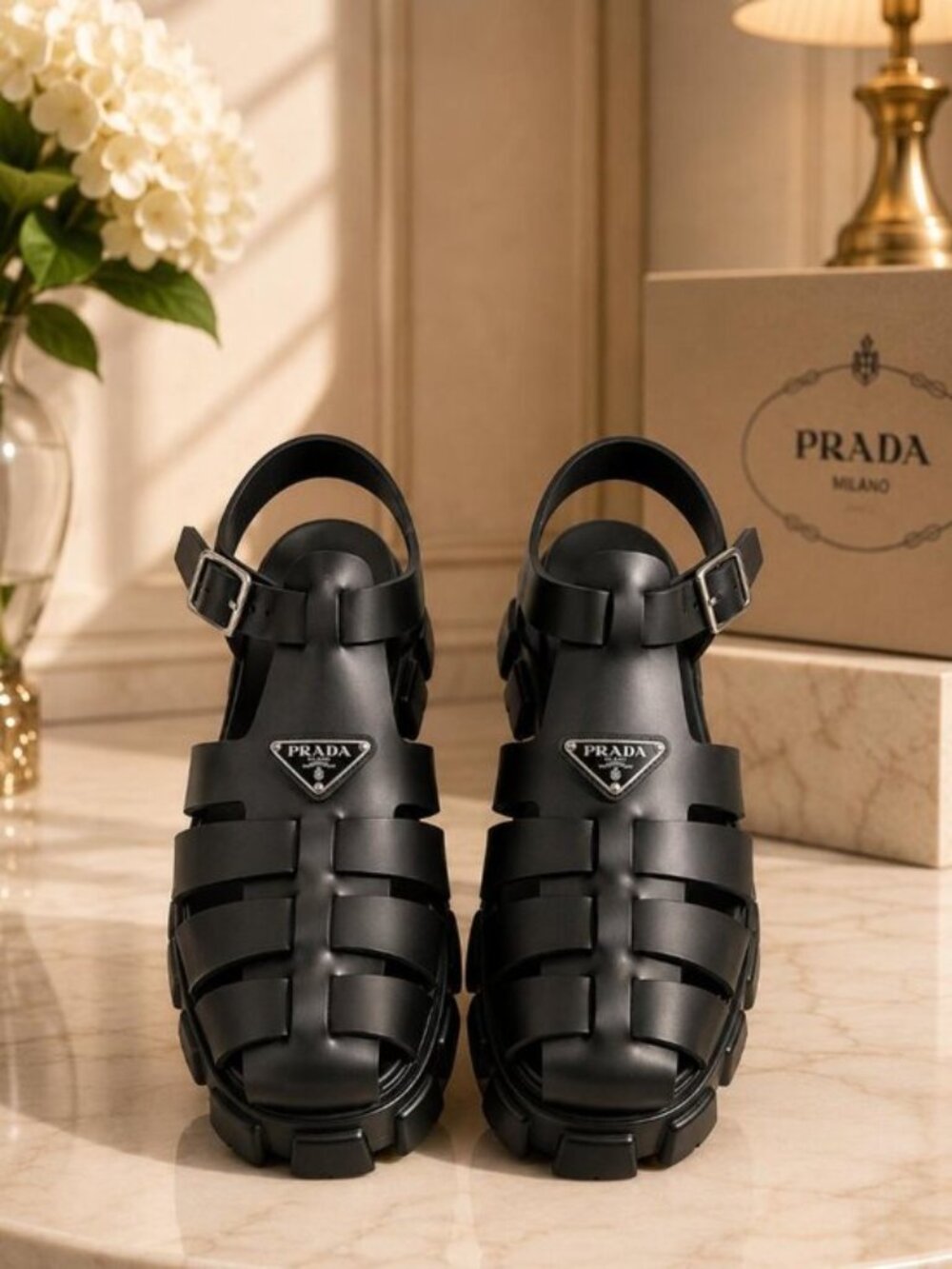 Prada Monolith Rubber Fisherman Sandals Black Chunky Platform Shoes Authentic